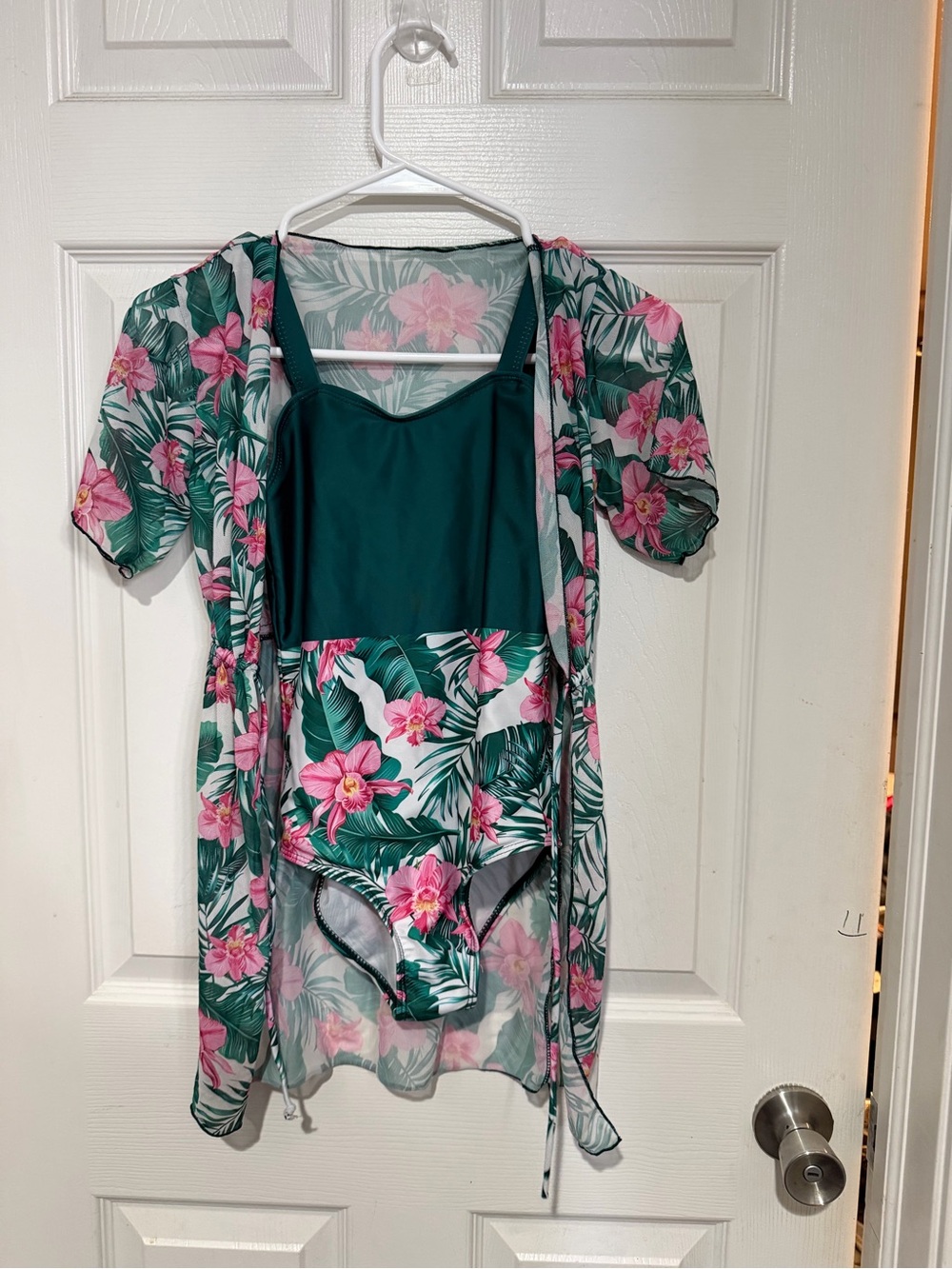 Girls Tropical Green and Pink Floral Swimsuit Set